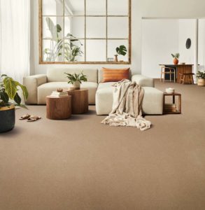 Modern Interior Of Open Space With Design Modular Sofa, Furniture, Wooden Coffee Tables, Plaid, Pillows, Tropical Plants And Elegant Personal Accessories In Stylish Home Decor. Neutral Living Room.